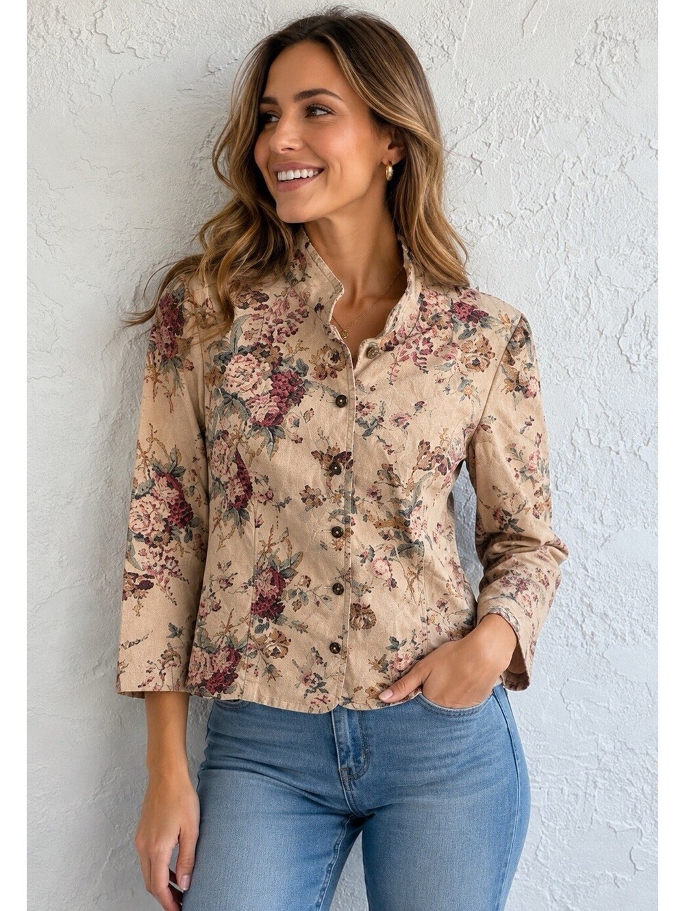 Chaps Denim Jacket Womens S Beige Floral Rose Print Cotton Fairy Victorian Vtg.